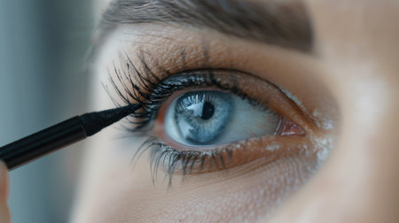 A close-up view of a stunning female eye as she skillfully applies eyeliner. The striking blue color and long lashes highlight the beauty routine in focus.の素材