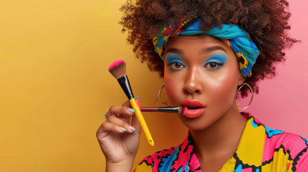 A vibrant portrait of a stylish woman holding makeup brushes, showcasing her charismatic personality and modern beauty trends against a colorful background.の素材