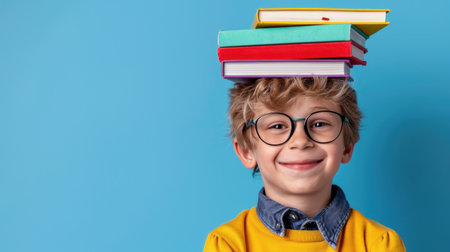 A cheerful boy with glasses smiles while balancing colorful books on his head against a bright blue background, illustrating the joy of learning and creativity.の素材