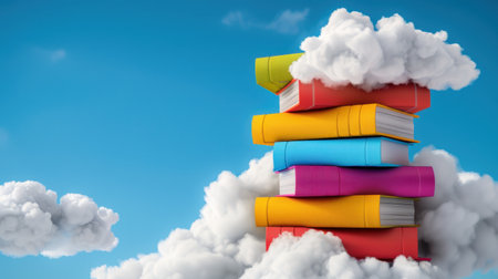 A vibrant stack of colorful books floats among fluffy clouds against a bright blue sky, symbolizing creativity, imagination, and the joy of learning.の素材