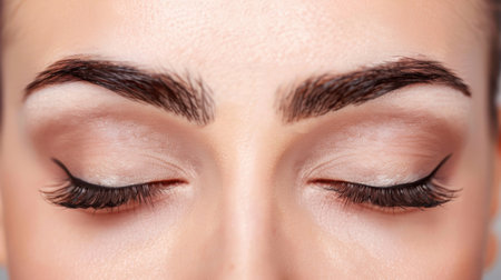 This stunning close-up captures a woman's eyes with perfectly applied eyeliner and luscious eyelashes, offering inspiration for makeup enthusiasts and artists.の素材