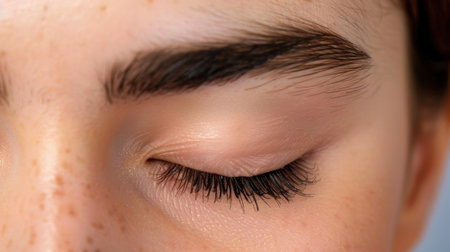 This close-up image captures a serene female eye with long eyelashes, a gently closed eyelid, and natural skin with freckles, evoking tranquility and beauty.の素材