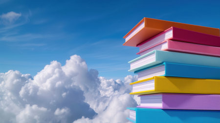 A vibrant collection of colorful books stacked neatly, set against a serene blue sky and fluffy white clouds, evoking a sense of imagination and creativity.の素材