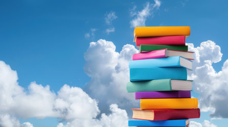 A vibrant stack of colorful books stands against a bright blue sky filled with fluffy white clouds, symbolizing knowledge, creativity, and imagination.の素材