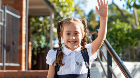 A cheerful young girl with pigtails waves joyfully while holding her backpack. This outdoor school scene captures the essence of childhood happiness and excitement.の素材