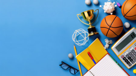 A vibrant flat lay with study and sports essentials, featuring basketballs, a trophy, a calculator, and stationery against a refreshing blue backdrop.の素材