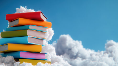 A vibrant stack of colorful books floats above soft white clouds, creating a whimsical scene against a bright blue sky. Perfect for showcasing imagination and creativity.の素材