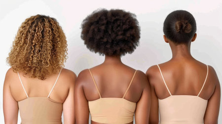 A striking back view of three women with unique natural hairstyles in neutral outfits, celebrating diversity and individuality in beauty and fashion.の素材