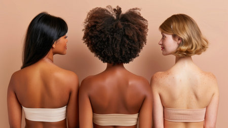 This image features three women with diverse skin tones and hairstyles, celebrating beauty and unity. Their backs face the camera against a neutral background, highlighting diversity and empowerment.の素材