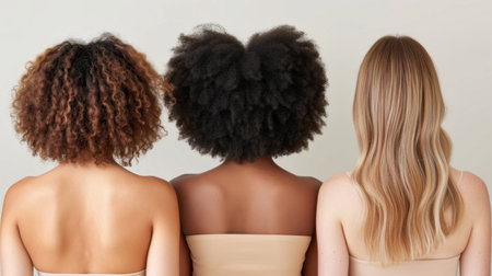 This image showcases three women with distinct hairstyles, celebrating diversity in hair textures. The back view emphasizes individuality and strength in beauty.の素材
