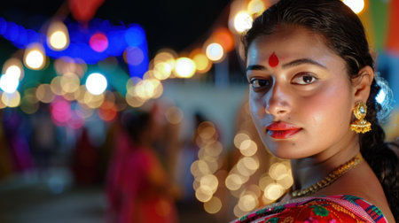 A stunning portrait of a woman adorned in traditional attire, showcasing bold makeup and elegant jewelry, set against a colorful festival backdrop.の素材