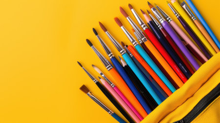 A vibrant collection of paint brushes arranged neatly in a yellow holder, perfect for artists and creatives looking to express their artistic ideas.の素材
