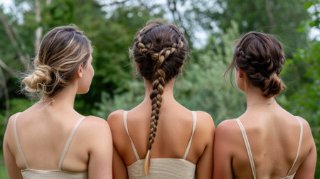 Three women with diverse hairstyles stand together in nature, embodying friendship and serenity. Their relaxed poses reflect joy in a tranquil outdoor setting.の素材