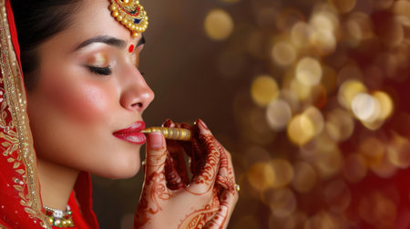 A beautiful Indian bride showcasing traditional jewelry against a soft golden bokeh backdrop, highlighting her elegance and cultural richness.の素材