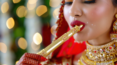 A stunning bride in exquisite traditional attire passionately plays a flute, capturing the essence of celebration and cultural beauty amidst soft sparkling lights.の素材
