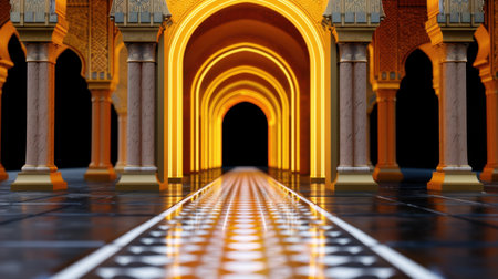 Stunning view of a grand interior with glowing arches that create an enchanting atmosphere, enhanced by reflecting tiles and intricate designs.の素材
