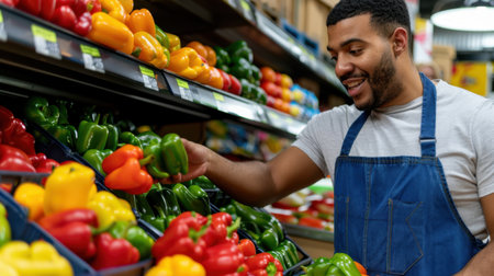 A joyful man wearing a blue apron is choosing colorful bell peppers in a grocery store. His smile reflects a positive shopping experience, showcasing fresh, vibrant produce in a well-stocked aisle.の素材