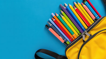Bright yellow backpack overflowing with a vibrant variety of pencils and pens on a vivid blue background, ideal for showcasing creativity and education.の素材