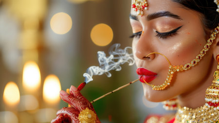 A stunning portrait of a woman adorned in traditional attire, gracefully holding an incense stick as smoke swirls elegantly around her.の素材