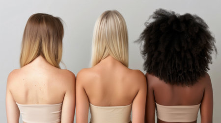 A captivating image showcasing a diverse group of women with different hair textures, representing unity and beauty in diversity against a neutral background.の素材