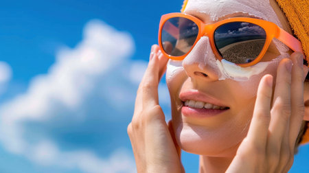 A cheerful woman enjoying a sunny day at the beach while applying sunscreen to protect her skin. She is wearing sunglasses and a towel, radiating happiness and wellness.の素材