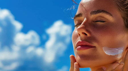 A young woman enjoys the sun while applying sunscreen on her face, highlighting her skincare routine amidst a bright summer sky with fluffy clouds.の素材
