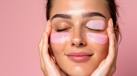 A young woman enjoys a skincare treatment with pink gel eye patches, highlighting her glowing skin and expressing relaxation against a soft pink backdrop.の素材