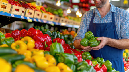 A joyful male grocer smiles while selecting vibrant bell peppers in a colorful market. The display showcases a variety of fresh vegetables, emphasizing healthy eating and local produce.の素材