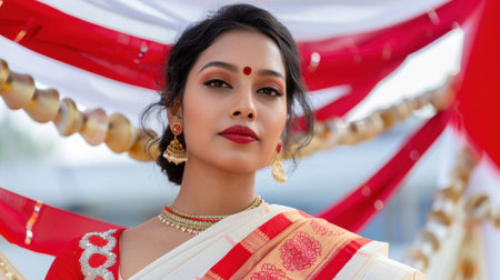 A confident woman showcases her beauty in a stunning red and white saree adorned with elegant jewelry, radiating joy during a festive celebration.の素材