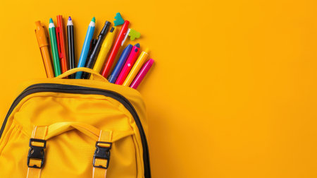 A bright yellow backpack overflowing with colorful pens and markers sits on a vibrant yellow background, symbolizing creativity and fun in school.の素材