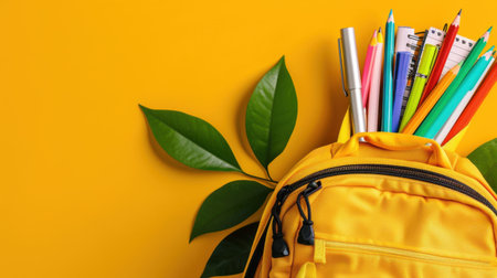 A bright yellow backpack sits against a vibrant yellow background, filled with colorful stationery, perfect for school and creative activities.の素材