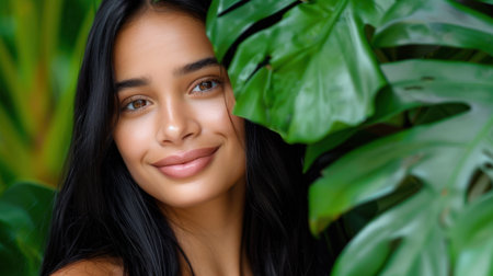 A captivating portrait of a young woman with long dark hair, smiling gently while surrounded by vibrant green foliage. This image exudes beauty and confidence, perfect for themes of nature and serenity.の素材