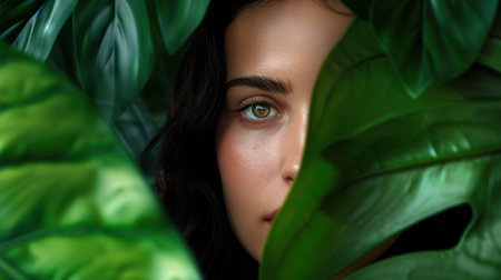 This captivating portrait features a young woman's face partially hidden behind lush green leaves, creating an enchanting blend of beauty and nature.の素材