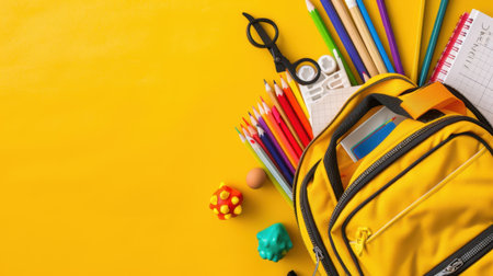A cheerful, vibrant scene featuring a bright yellow backpack surrounded by various school supplies, perfect for education, creativity, and learning themes.の素材