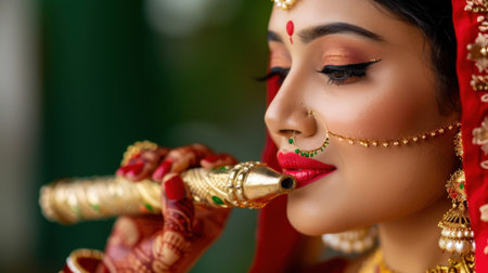 A stunning portrait of a beautiful Indian woman dressed in traditional bridal attire, displaying intricate jewelry and elegant makeup while holding a decorative instrument, embodying cultural richness and celebration.の素材