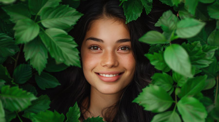 Captivating portrait of a young woman with a warm smile, surrounded by vibrant green leaves, capturing the essence of joy and natural beauty in an outdoor setting.の素材
