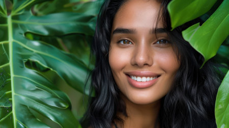 A stunning portrait of a smiling woman framed by lush green leaves, capturing the essence of beauty and joy in a natural environment.の素材