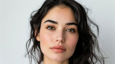 This striking close-up portrait features a young woman showcasing her natural beauty with subtle makeup. Her expressive eyes and wavy hair create a calm and elegant look against a soft, neutral background, perfect for beauty or lifestyle themes.の素材