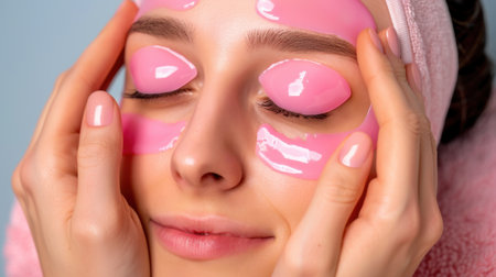 A serene woman enjoys a luxurious facial treatment with pink gel patches while relaxing at home. Perfect for beauty and self-care themes, this close-up captures the essence of skincare and rejuvenation.の素材
