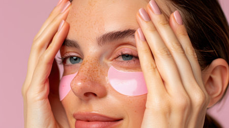 A serene woman applies under eye patches in a close-up shot, showcasing her commitment to skincare and relaxation against a pink backdrop.の素材