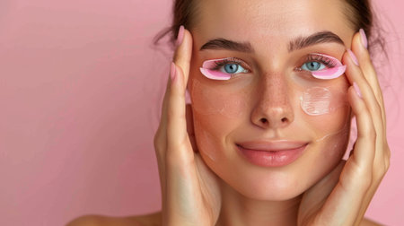 A young woman enjoys a moment of relaxation with a skincare mask and eye patches, showcasing a fresh and radiant complexion against a soft pink backdrop.の素材