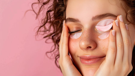 A cheerful young woman enjoys a moment of relaxation with eye patches on her face, embracing her natural beauty and self-care routine against a soft pink background.の素材