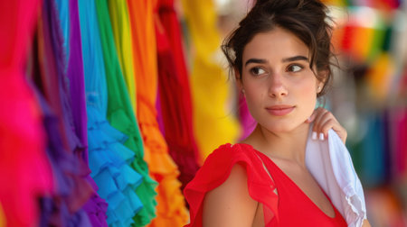 A young woman poses elegantly amidst a backdrop of colorful fabrics at a vibrant market, radiating beauty and warmth in a bright dress.の素材