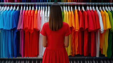 A woman stands in front of a vibrant display of t-shirts, carefully considering her color choices in a modern retail setting, highlighting the shopping experience.の素材