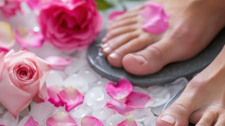 Experience tranquility with this serene image featuring delicate rose petals and calm water surrounding peaceful feet, perfect for relaxation and self-care.の素材