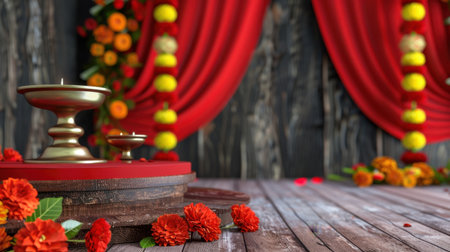 This image showcases a vibrant festive decor arrangement featuring candles and colorful flowers on a rustic wooden surface, perfect for celebrations.の素材
