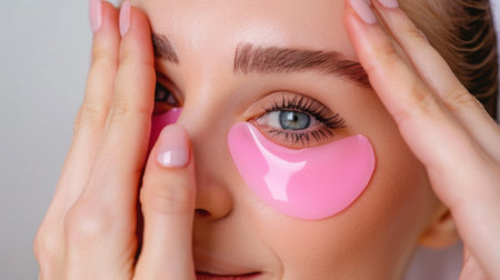 A young woman enjoys a soothing moment while applying hydrating eye patches as part of her daily skin care routine, highlighting relaxation and beauty.の素材