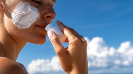 A young woman enjoys a sunny day while applying sunscreen lotion on her face. The clear blue sky and soft clouds reflect a perfect summer vibe, emphasizing skincare and protection.の素材