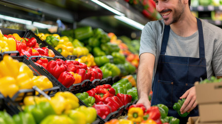 A cheerful male grocery worker arranges colorful bell peppers in a supermarket produce section. The vibrant display emphasizes healthy eating and fresh produce choices.の素材