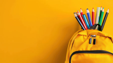 A cheerful yellow backpack filled with colorful pencils stands out against a vibrant yellow background, symbolizing creativity and education.の素材